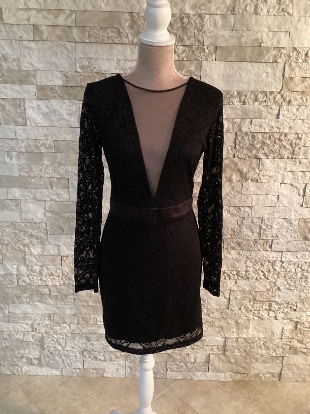 Bebe Shawna Lace Deep V Mesh Dress